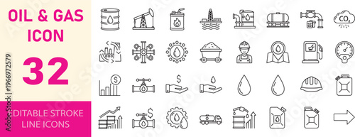 Oil and gas industry line icons collection with editable stroke set