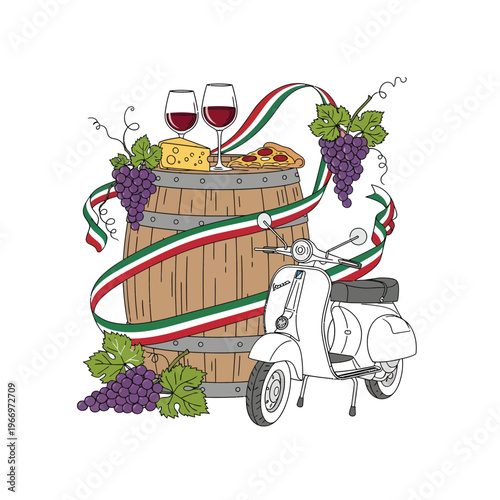 Whimsical scooter transporting a wine barrel and grapes with wine glasses on top
