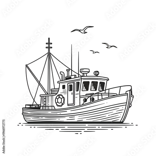 A classic wooden fishing boat sailing on calm waters with seagulls flying above