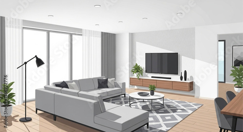 Modern living room interior design with sectional sofa and entertainment center.
