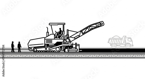 Road milling machine working on asphalt surface with workers and truck.