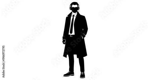 Man in trench coat and tie wearing headphones.