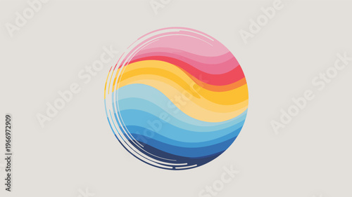 Abstract colorful wavy circle with white brush strokes on a light gray background waves
