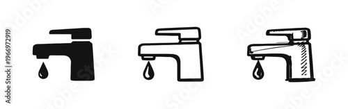 Faucet with dripping water icon set, symbolizing water usage, waste, or plumbing issues.
