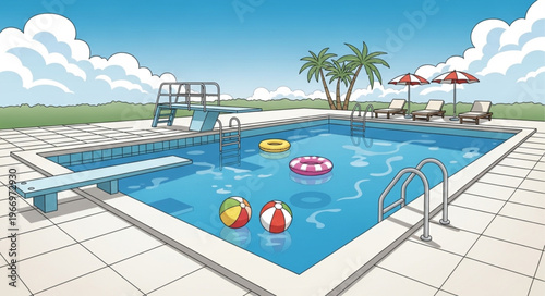Refreshing Swimming Pool with Inflatable Toys and Lounge Chairs.