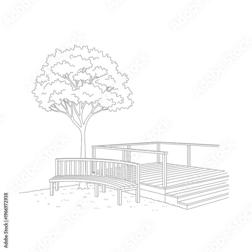 A serene outdoor deck area surrounded by nature and a large tree.