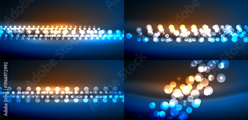 Abstract backgrounds feature blurred lights. Warm colors blend with cool blues creating dynamic visual effects. Soft glow dominates composition.