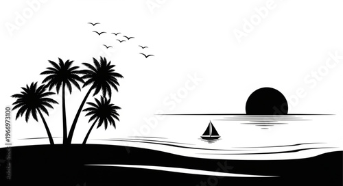 Tropical island silhouette with palm trees and sailboat at sunset.