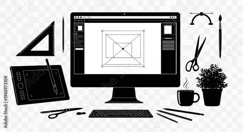Graphic Design Workspace With Computer And Tools.