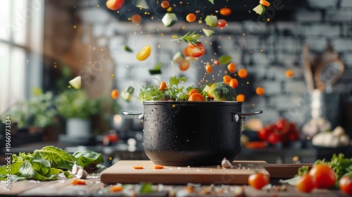 Brightly coloured vegetables spilling out of a saucepan in the kitchen capture the chaos and joy of cooking — a perfect backdrop for food blogs or kitchenware adverts.