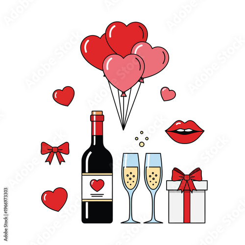 Romantic celebration with wine, balloons, and gifts