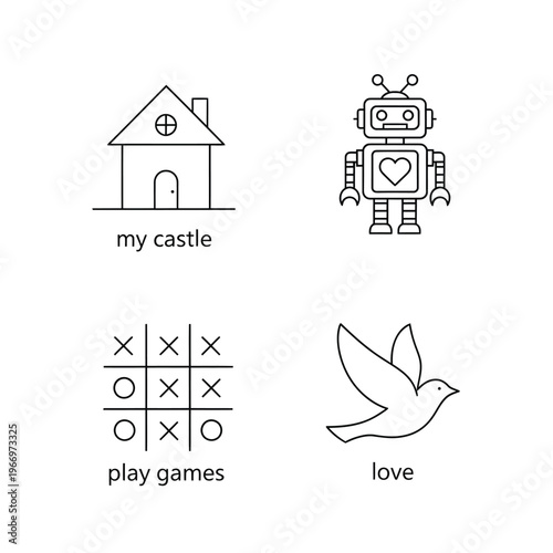 Whimsical icons representing home, love, robot affection, and playful activities