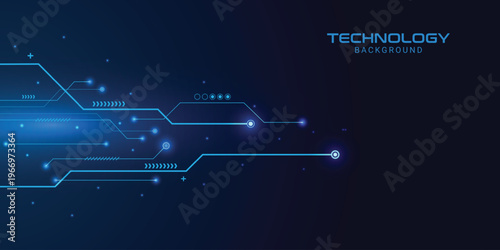 Futuristic blue digital technology background with glowing circuit lines, abstract data connections, high tech interface design for innovation and communication concepts.
