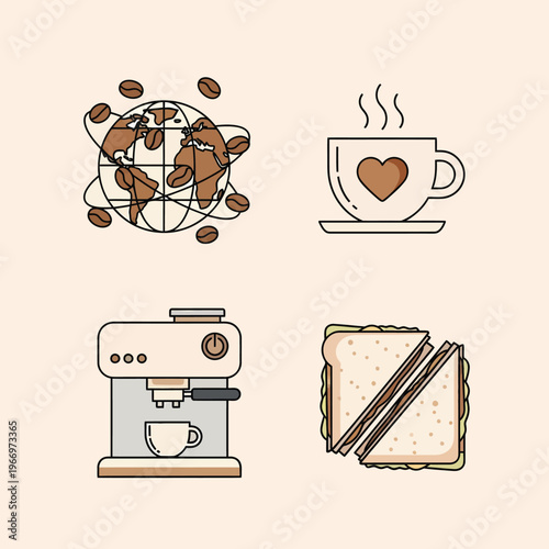 Whimsical illustrations of coffee and global connectivity concepts