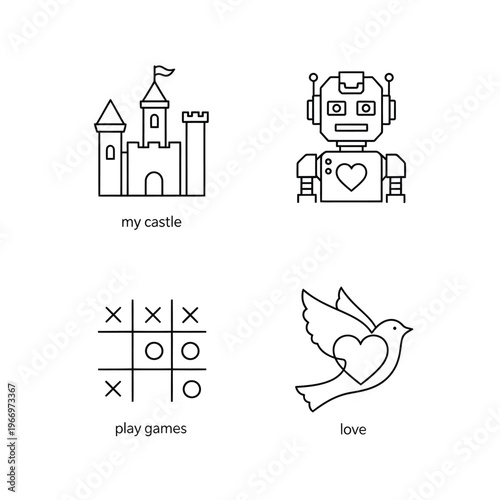 Whimsical icons representing fantasy, technology, games, and love