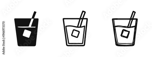 Cold drink glass icon set with ice and straw, in solid, outline, and sketchy styles, for beverages.