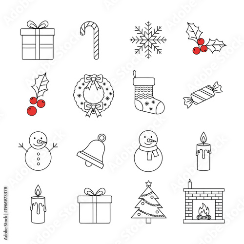 Collection of holiday and winter-themed illustrated icons and symbols