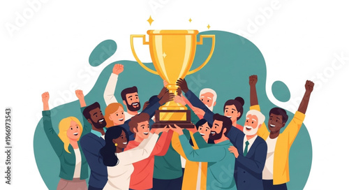 Diverse group of people celebrating holding a golden trophy together.