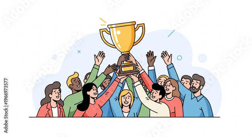 Diverse group of people celebrating holding a golden trophy.