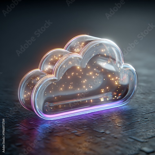 Futuristic 3D Glowing Glass Cloud Icon with Golden Data Particles on Dark Digital Circuit Background Representing Cloud Computing Network Storage and Big Data Technology