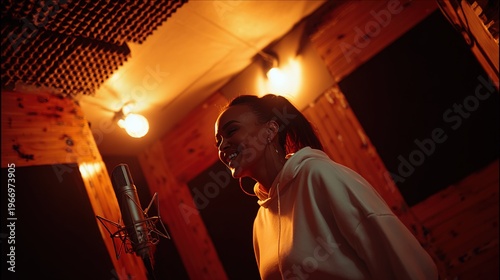 creator. Female creator in home studio environment with microphone and acoustic panels creating warm creative atmosphere, STEM education sheets.