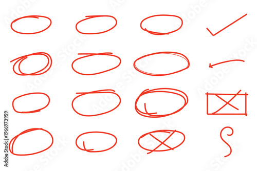 Hand drawn pen line highlight red set. Line red hand drawn pen marker stroke arrow, check mark emphasis. Round oval, circle scribble frame, arrow elements . Vector illustration