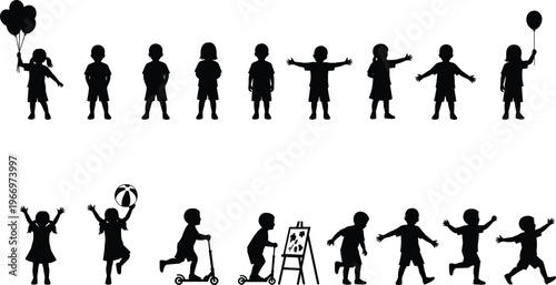 Silhouette collection of children playing and standing featuring kids with balloons riding scooters painting and playing with balls isolated on white background vector