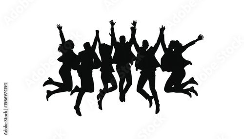 A diverse group of happy people jump excitedly with their arms raised high in a dynamic celebration of.