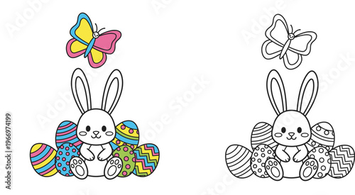 Cute Easter Bunny with Decorated Eggs and Butterfly Coloring Page for Kids with Color Example and Vector Line Art Illustration