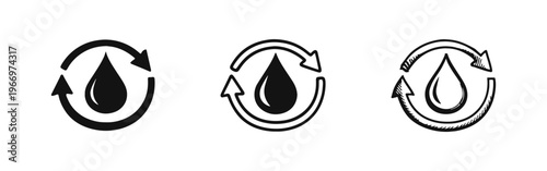 Water cycle and reuse icon set, a drop with recycling arrows for eco-friendly concepts.