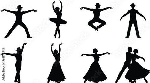 Professional dance silhouette collection featuring ballet tutu ballerina ballroom couples and jazz performers in various elegant poses isolated on white background vector