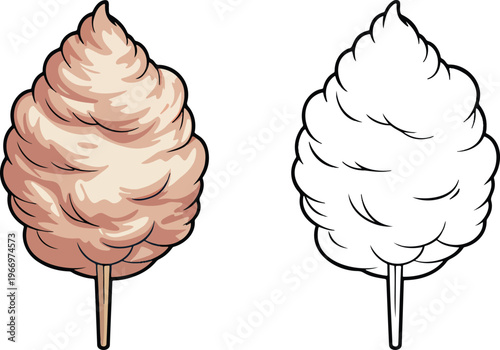 Cotton candy illustration & outline set isolated on transparent background 