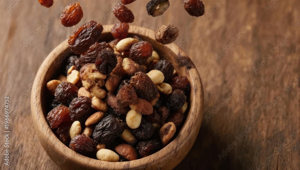 Fototapeta premium A wooden bowl filled with assorted nuts and raisins, some falling onto the contents