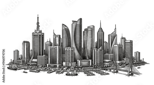 A detailed black and white illustration of a sprawling, modern city skyline with numerous skyscrapers and a busy harbor.