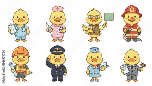  Set of funny cartoon animals featuring a cute duck, character collection in a vector illustration style Animal in Uniform, Doctor, Nurse, Firefighter, Air Hostess, Flight Captain, Teacher, Engineer