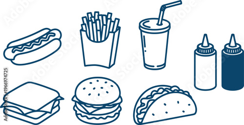 Fast food elements set with burger pizza hotdog fries and soda in outline sketch hand drawn vector illustration