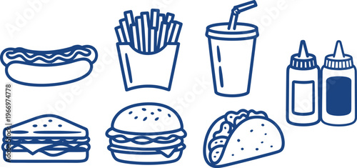 Fast food elements set with burger pizza hotdog fries and soda in outline sketch hand drawn vector illustration
