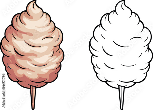 Cotton candy illustration & outline set isolated on transparent background 