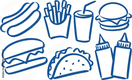 Fast food elements set with burger pizza hotdog fries and soda in outline sketch hand drawn vector illustration