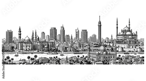 Panoramic black and white illustration of a bustling city skyline with diverse architectural styles, 