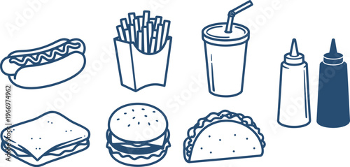 Fast food elements set with burger pizza hotdog fries and soda in outline sketch hand drawn vector illustration