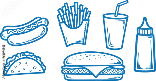 Fast food elements set with burger pizza hotdog fries and soda in outline sketch hand drawn vector illustration