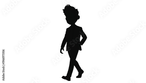 Silhouette illustration of a young boy wearing a suit jacket walking with an angled posture.