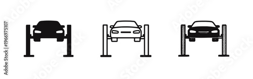 Car lift vehicle hoist icon set for auto repair and maintenance service, showing elevated car