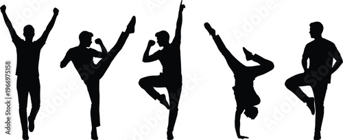 Silhouette collection of energetic men in dynamic poses featuring jumping cheering martial arts kicks and breakdance handstands isolated on white background vector