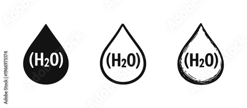 Water drop H2O chemical formula icon set in various styles, representing the water molecule and purity