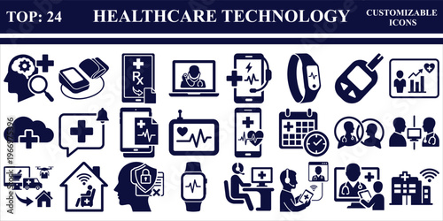Healthcare Technology Icon Set - Modern Medical and Digital Health Vector Icons Flat Design