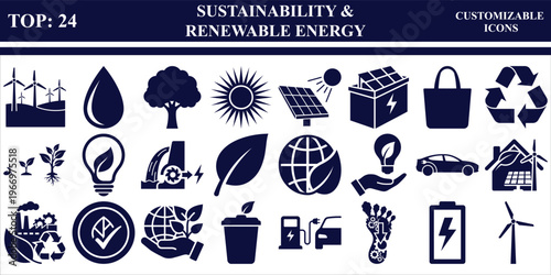 Sustainability & Renewable Energy Icon Set flat design vector illustration of eco-friendly symbols