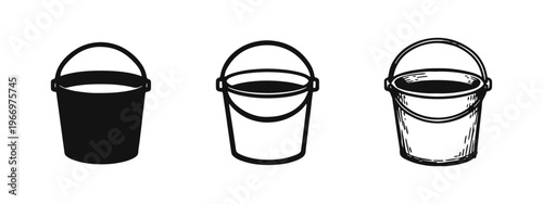 Bucket pail icon set for water, cleaning, and utility in different styles, household container