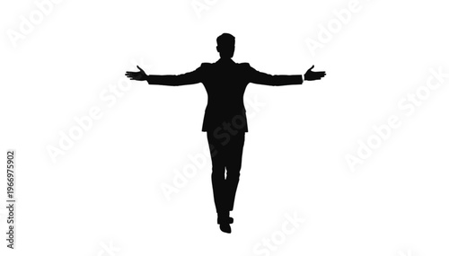 Silhouette of a man in formal attire with arms spread wide in a triumphant or welcoming gesture.